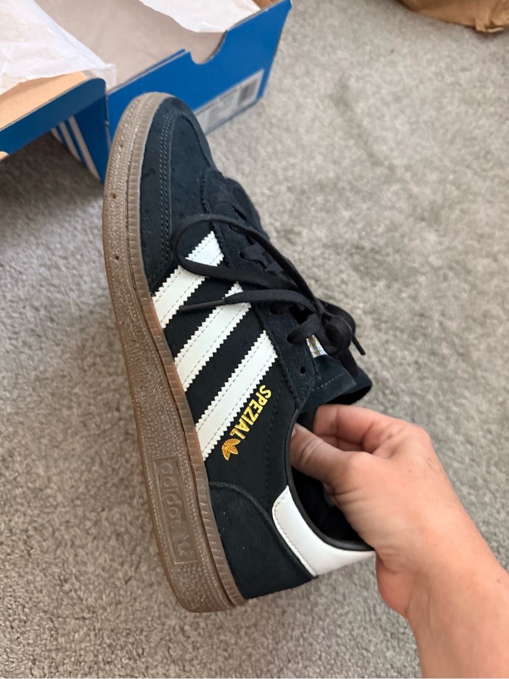 adidas spezial Black & White Suede Sneakers with Brown Gum Sole - Picture 3 of 6